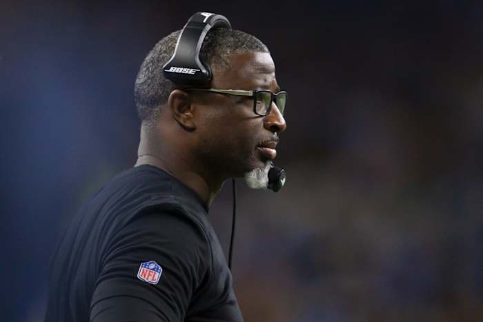 Detroit Lions defensive coordinator Aaron Glenn looks on during the first quarter against the Green Bay Packers at Ford Field.
